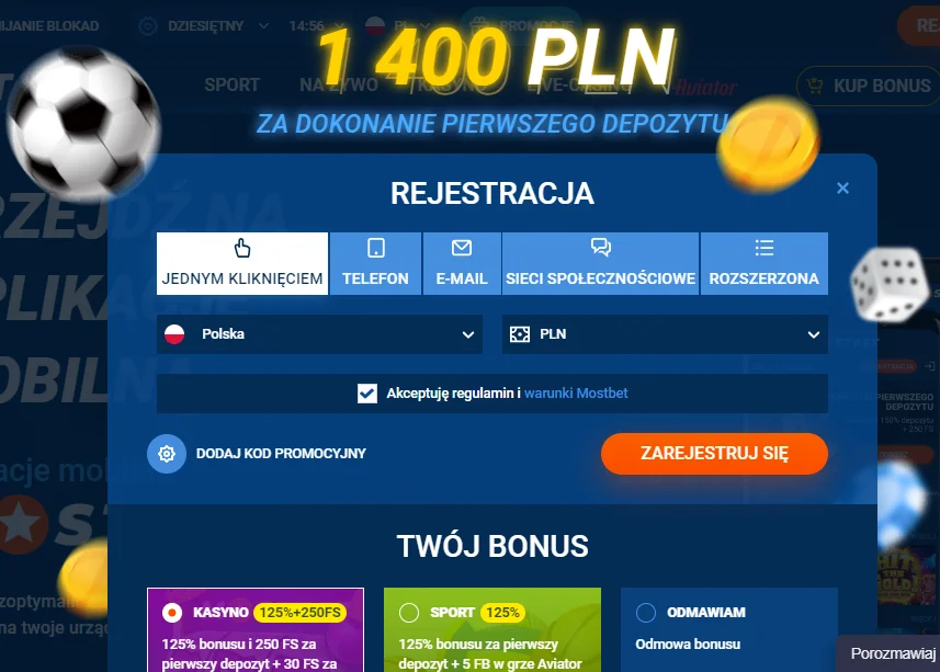 Rejestracja w Mostbet Polska za pomocą 1 kliknięcia
